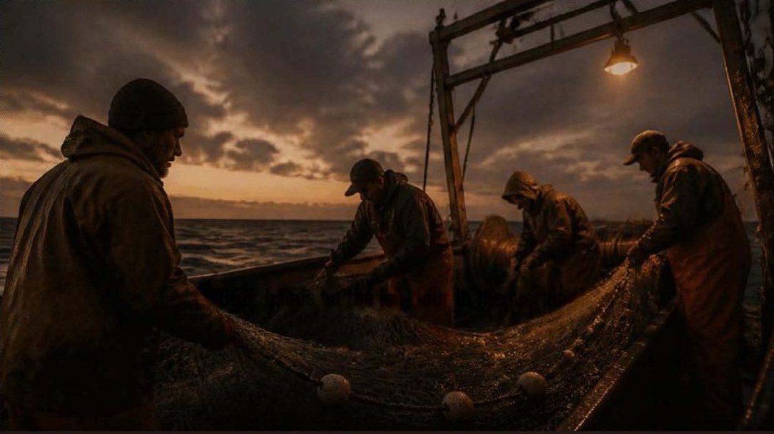 Deckhands hauling net on a working boat at dusk