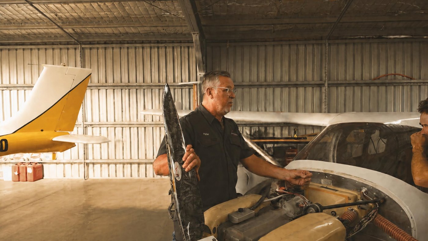 A Jabiru engineer holding a composite propeller blade beside an exposed aircraft engine in the hangar