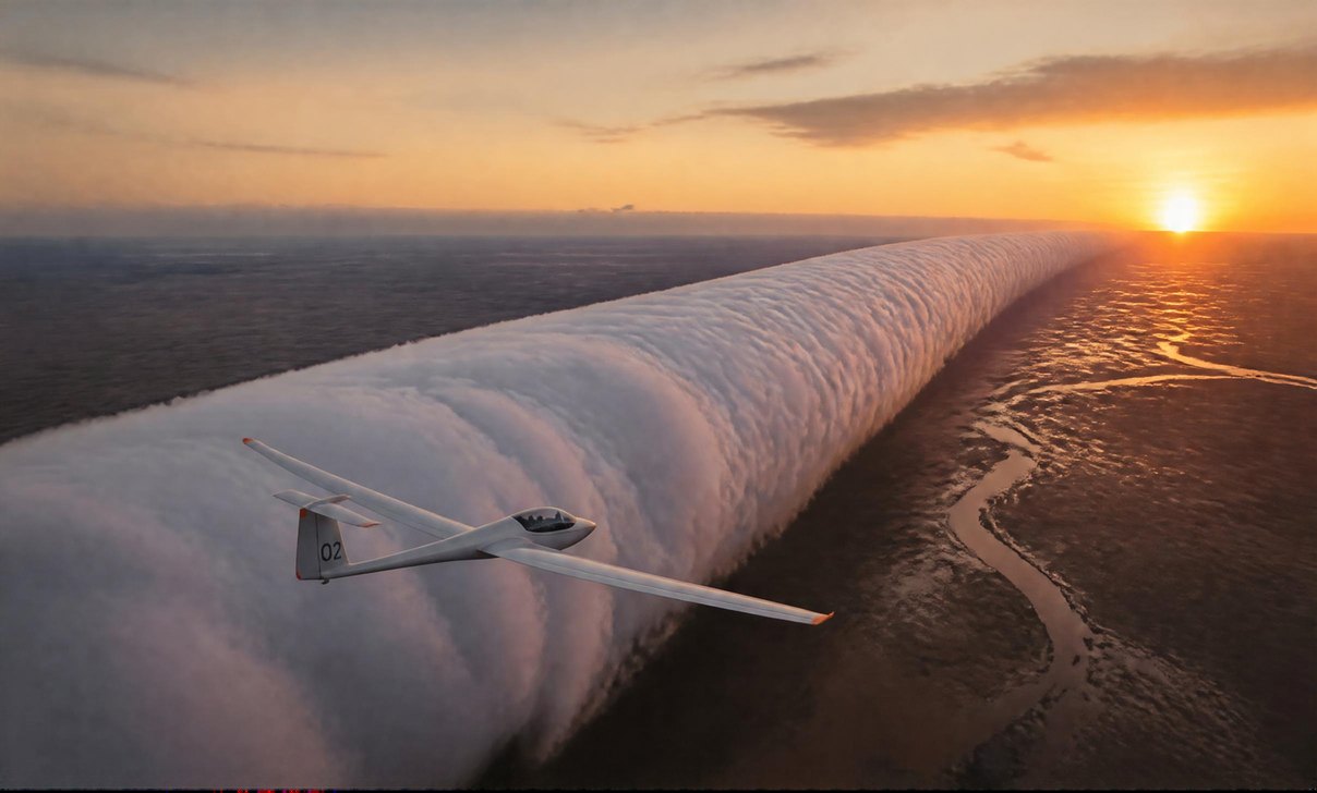 A glider flying the Morning Glory roll cloud at dawn over the Gulf of Carpentaria