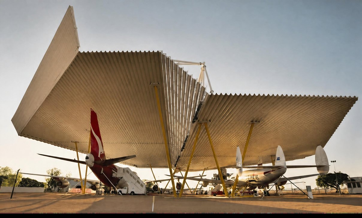 Aircraft under the open hangar canopy at Longreach