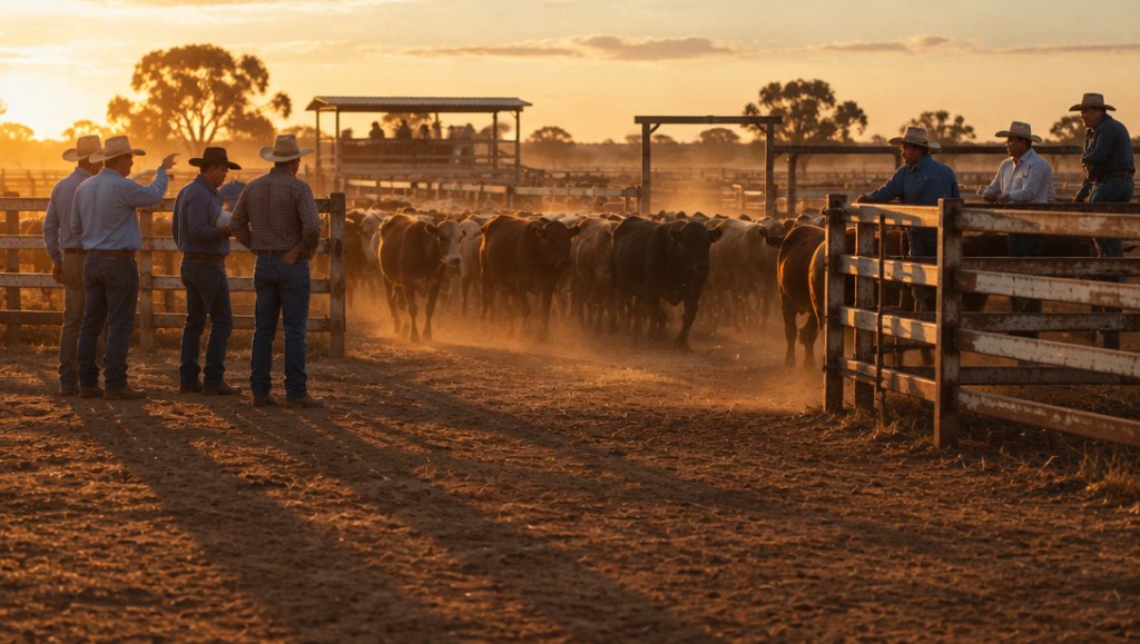 Stockmen at the Roma saleyards at dawn, cattle moving through the rail in dust