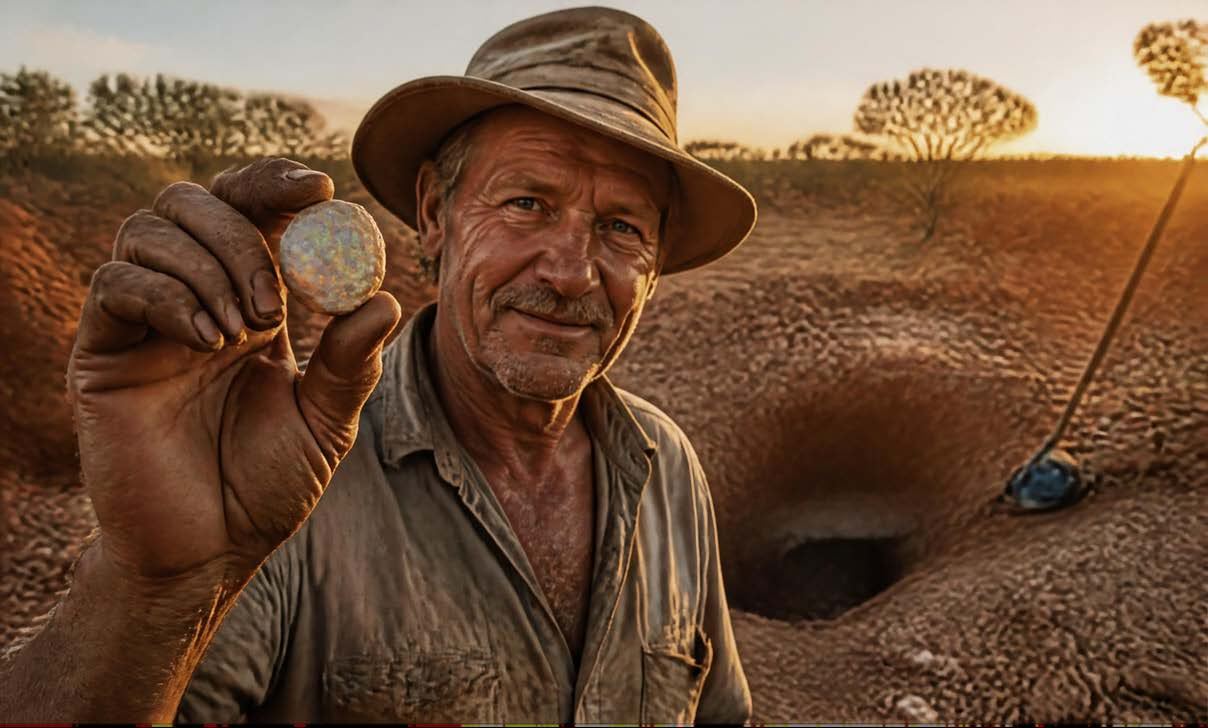 An opal miner on his claim holding up a cut stone
